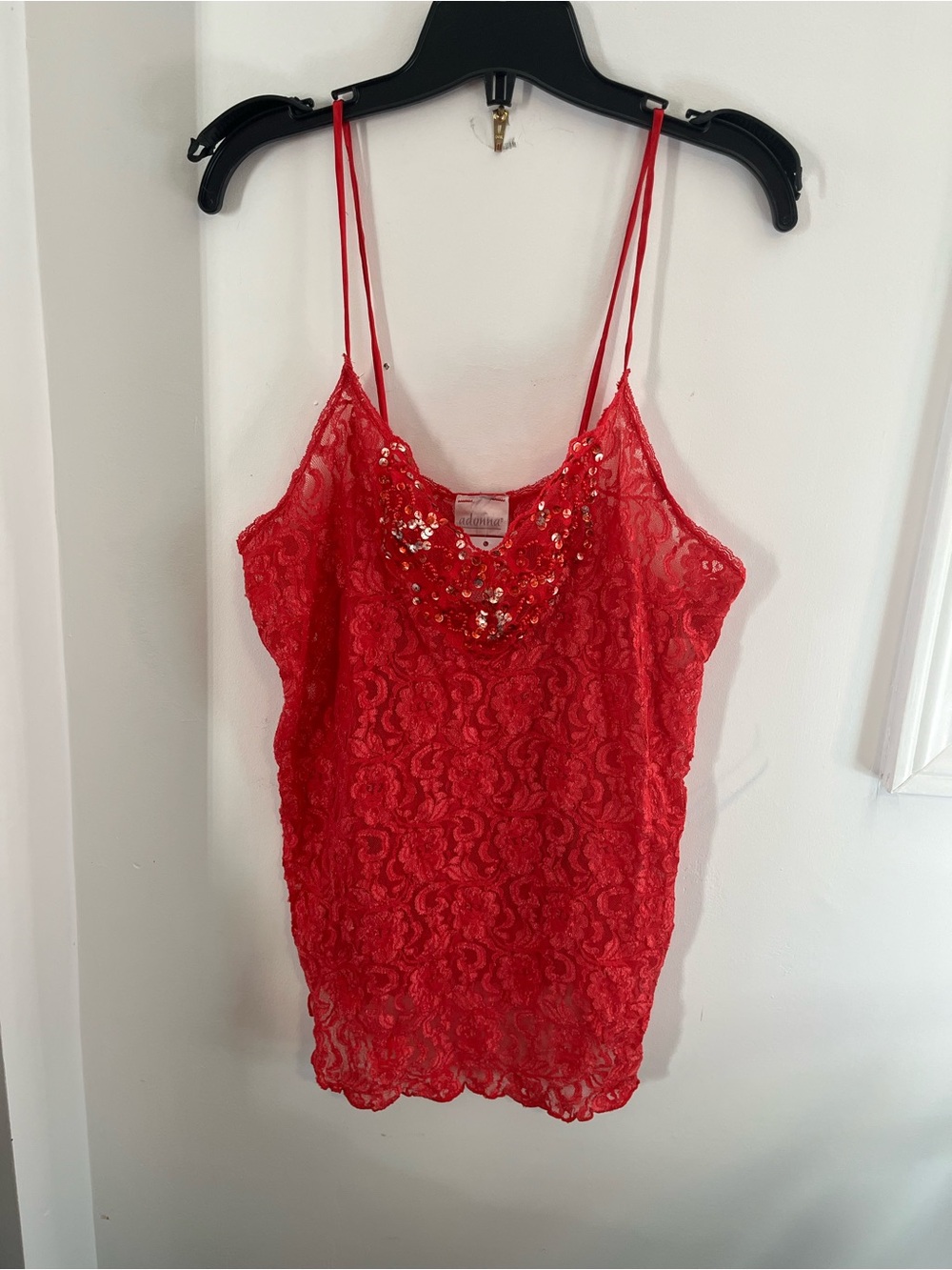 Y2K Red Lace Sequin Cami Top Spaghetti Strap - Size L